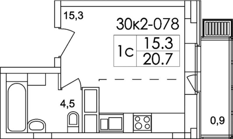 Однокомнатная квартира 20.7 м²