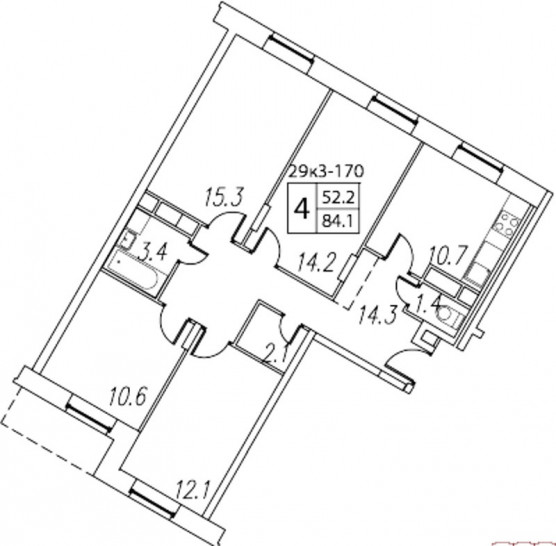 Четырёхкомнатная квартира 84.1 м²