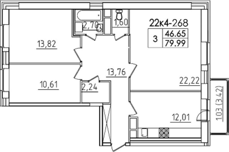 Трёхкомнатная квартира 79.9 м²