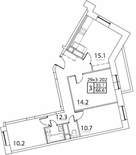 Трёхкомнатная квартира 66.6 м²