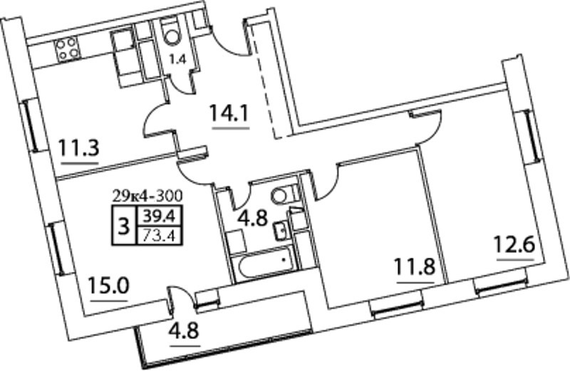 Трёхкомнатная квартира 73.4 м²