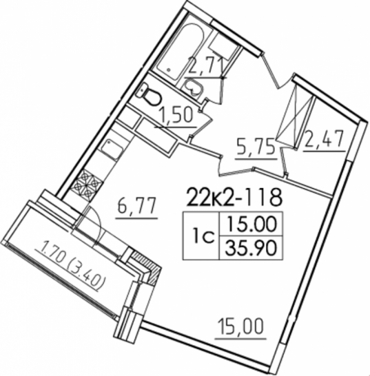 Однокомнатная квартира 35.9 м²