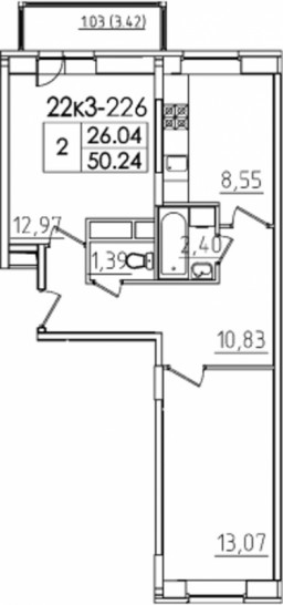 Двухкомнатная квартира 50.24 м²