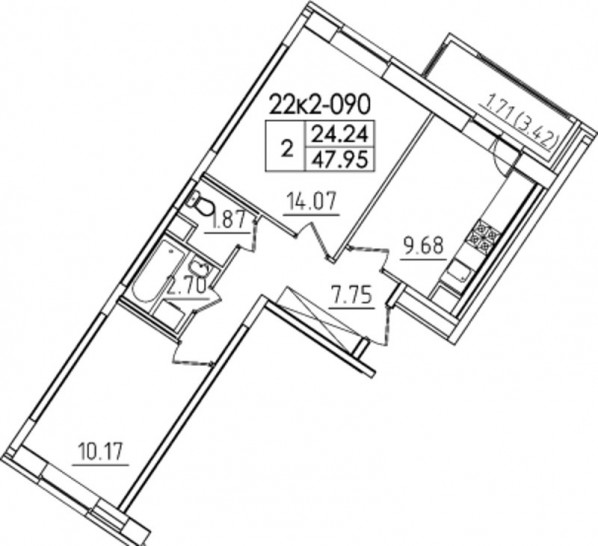 Двухкомнатная квартира 47.95 м²