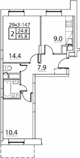 Двухкомнатная квартира 45 м²