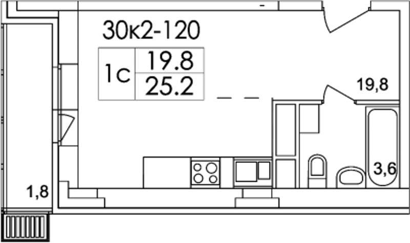 Однокомнатная квартира 25.2 м²