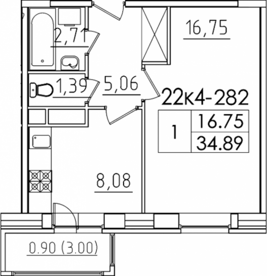 Однокомнатная квартира 34.89 м²