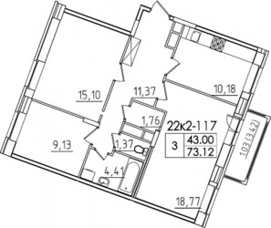 Трёхкомнатная квартира 73.12 м²
