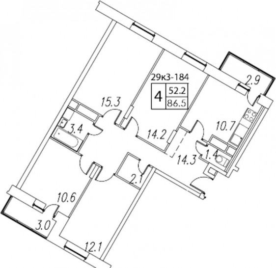 Четырёхкомнатная квартира 86.5 м²