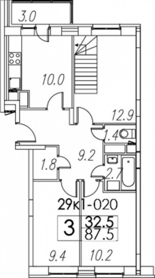 Четырёхкомнатная квартира 87.5 м²