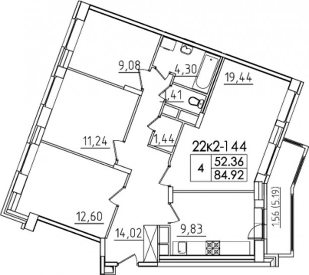 Четырёхкомнатная квартира 84.92 м²