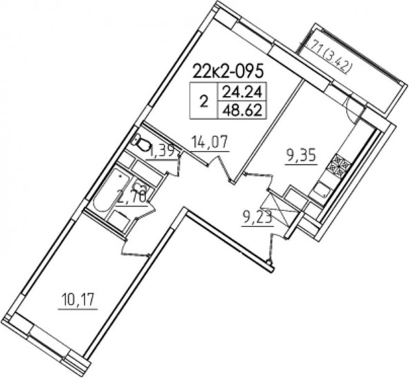 Двухкомнатная квартира 48.62 м²