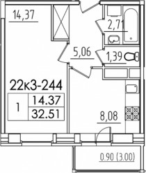Однокомнатная квартира 32.51 м²