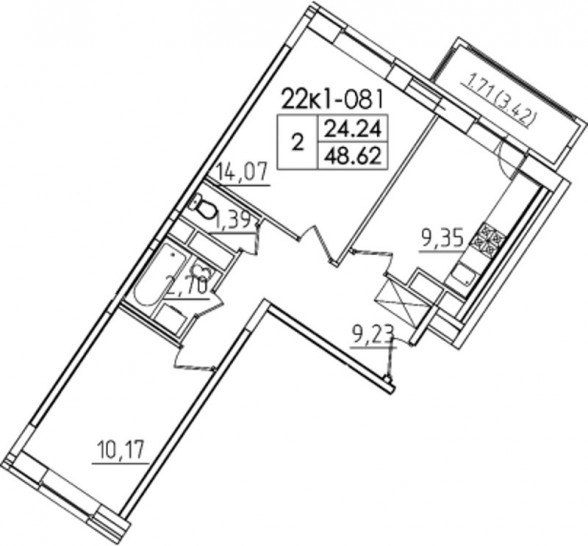 Двухкомнатная квартира 48.62 м²