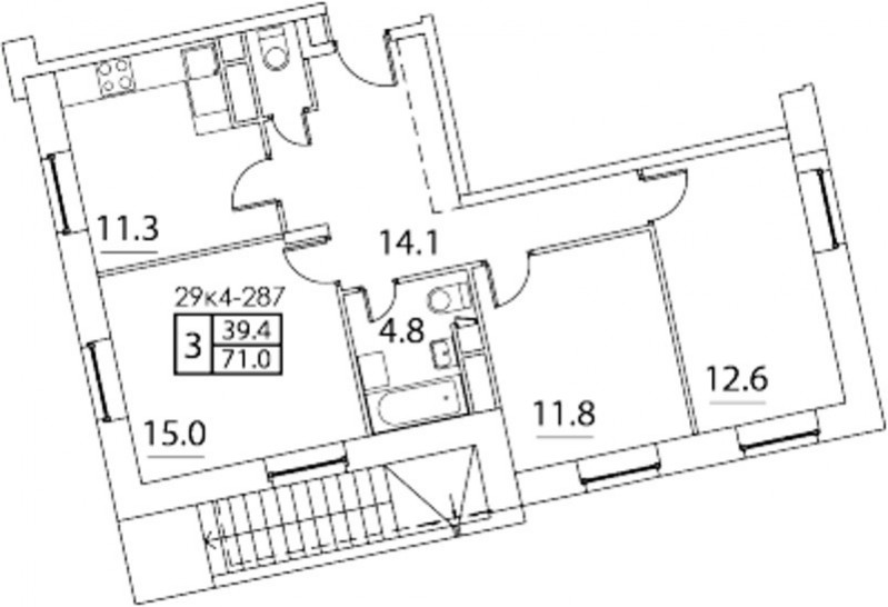 Трёхкомнатная квартира 71 м²
