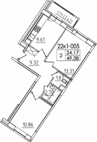 Двухкомнатная квартира 49.38 м²