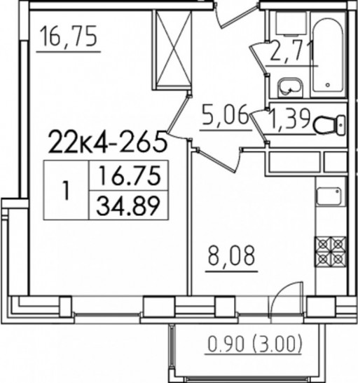Однокомнатная квартира 34.89 м²